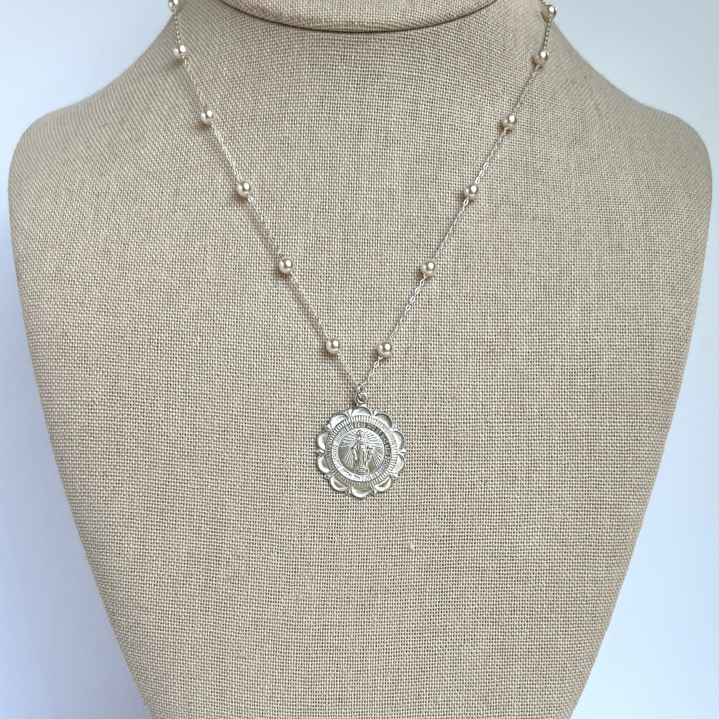 Scalloped Miraculous & Pearl Necklace- Sterling Silver