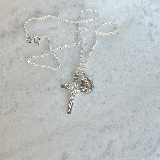 Bright & Bold Crucifix & Miraculous Necklace- Silver