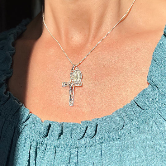 Fancy Crucifix & Miraculous Necklace - Silver