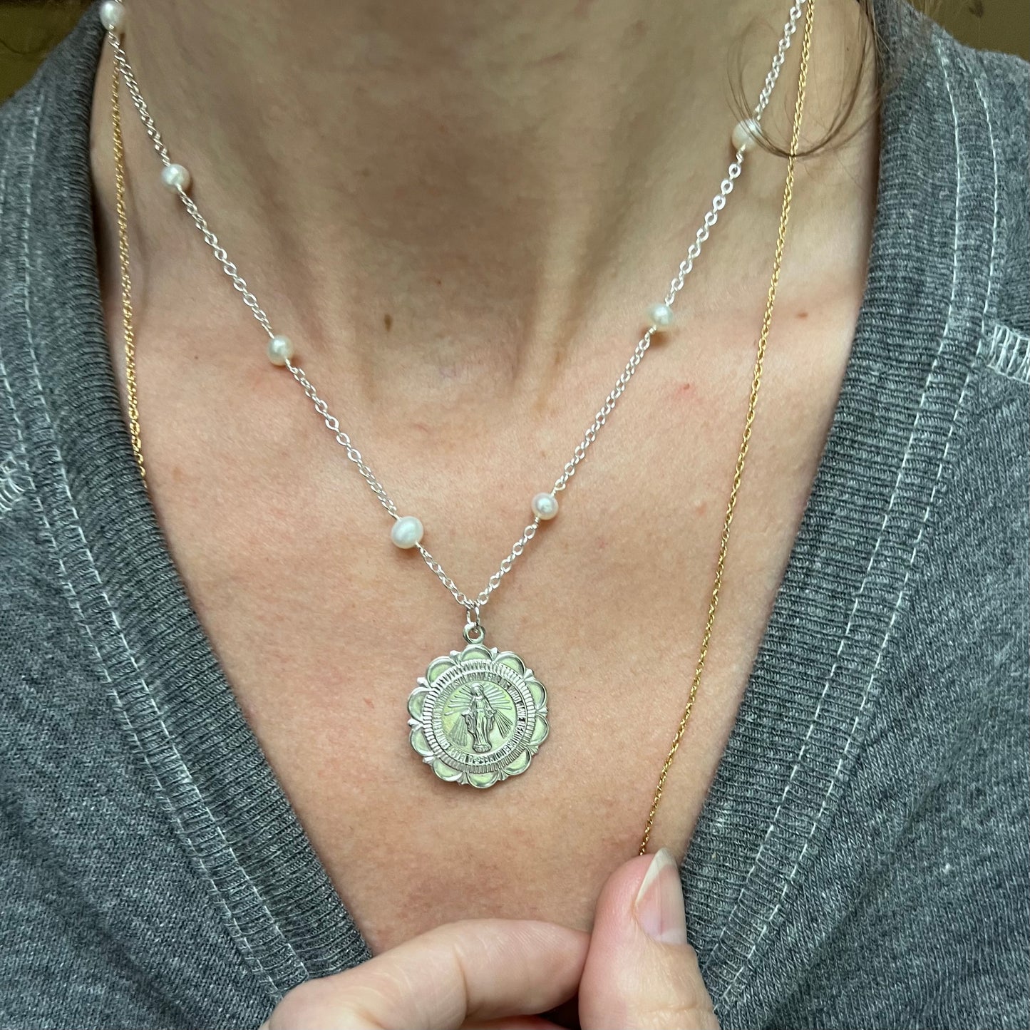 SECONDS Scalloped Miraculous & Pearl Necklace- Sterling Silver
