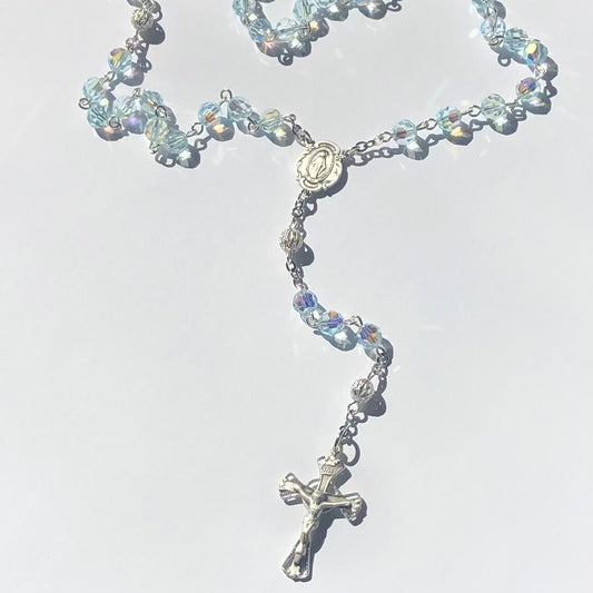 Petite Sterling Silver & Crystal Rosary- Light Blue