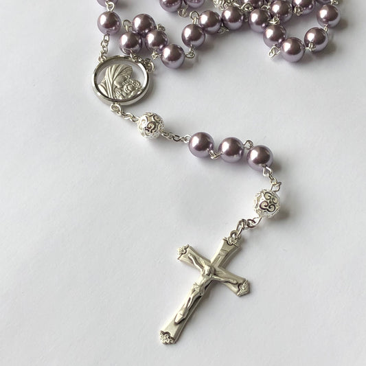 Bountiful Sterling Silver & Pearl Rosary- Mauve